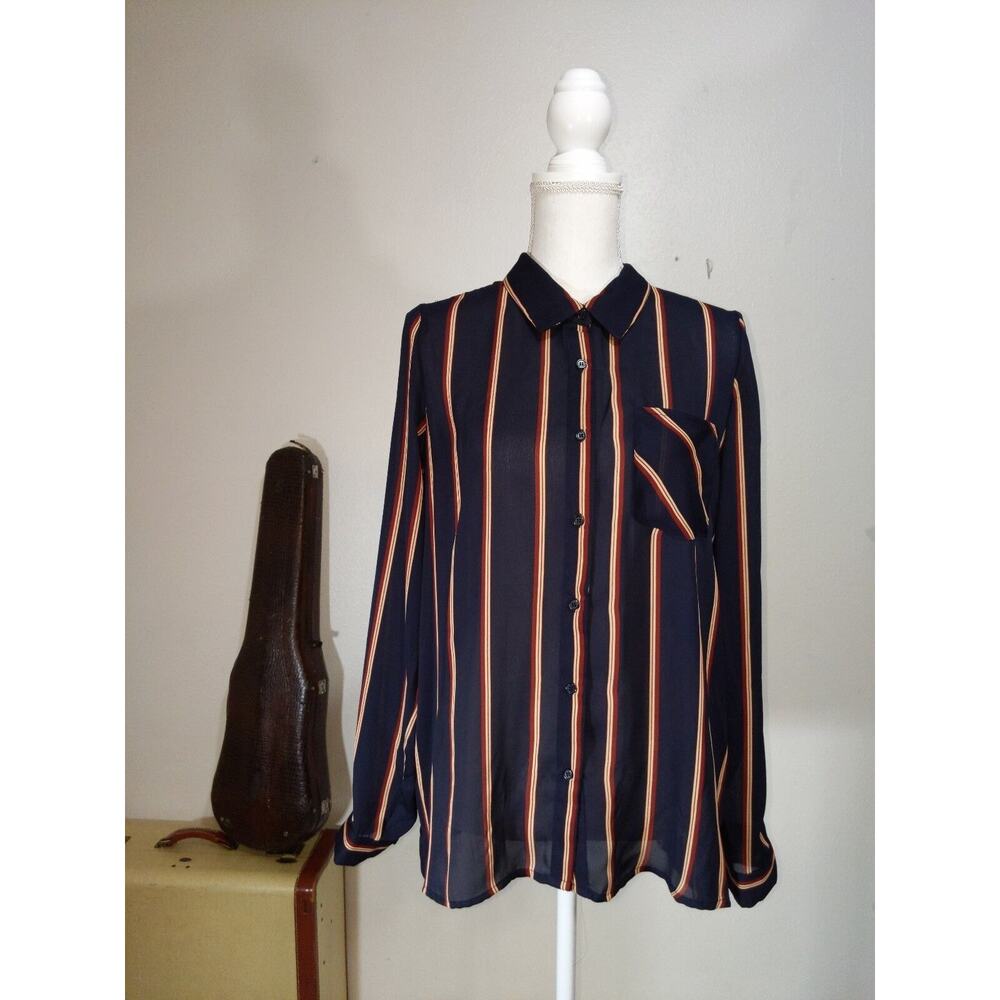 Heartloom Revolve Blouse Women Medium Blue Navy Shirt Button Striped Beige Red